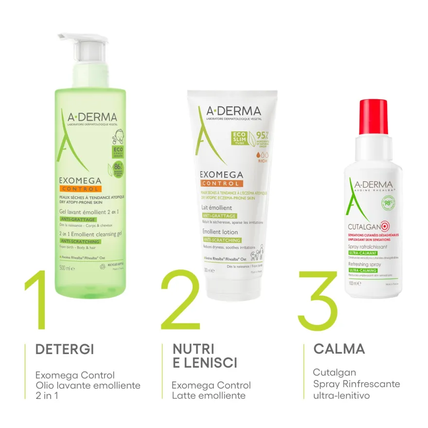 A-derma Exomega Control Gel Detergente Emolliente 2in1 Viso Corpo Capelli Pelle Secca A Tendenza Atopica 500ml