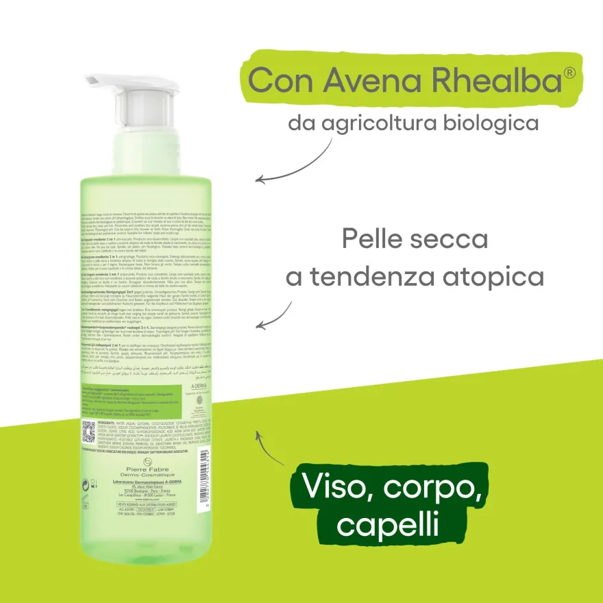 A-derma Exomega Control Gel Detergente Emolliente 2in1 Viso Corpo Capelli Pelle Secca A Tendenza Atopica 500ml