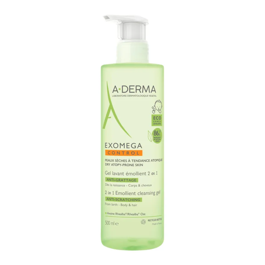 A-derma Exomega Control Gel Detergente Emolliente 2in1 Viso Corpo Capelli Pelle Secca A Tendenza Atopica 500ml