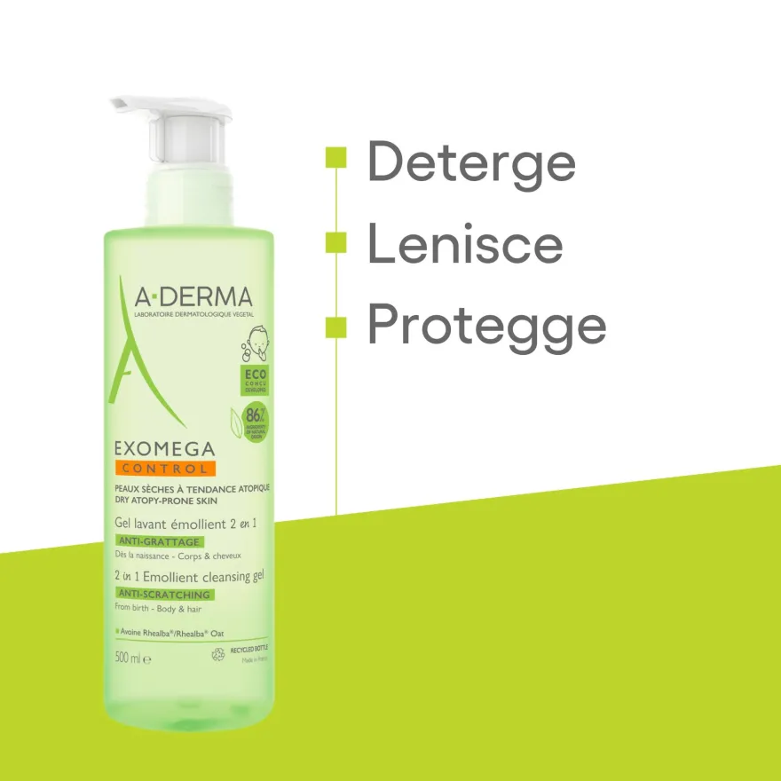 A-derma Exomega Control Gel Detergente Emolliente 2in1 Viso Corpo Capelli Pelle Secca A Tendenza Atopica 2 confezioni da 500ml