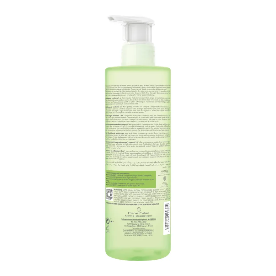 A-derma Exomega Control Gel Detergente Emolliente 2in1 Viso Corpo Capelli Pelle Secca A Tendenza Atopica 2 confezioni da 500ml