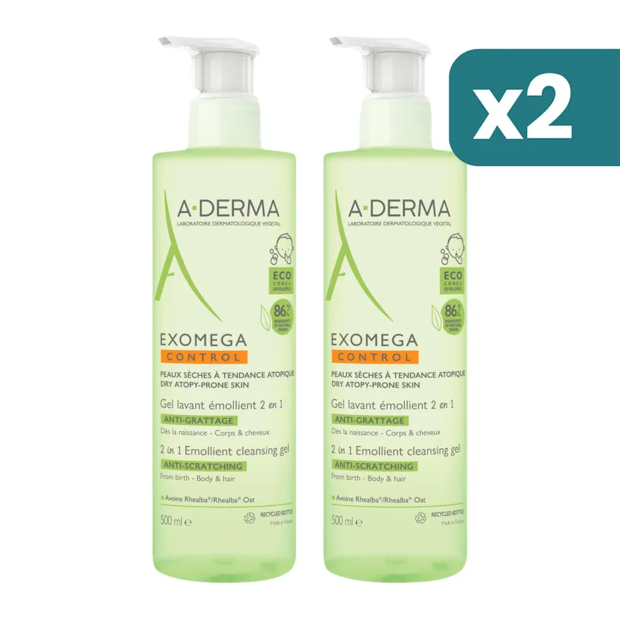 A-derma Exomega Control Gel Detergente Emolliente 2in1 Viso Corpo Capelli Pelle Secca A Tendenza Atopica 2 confezioni da 500ml