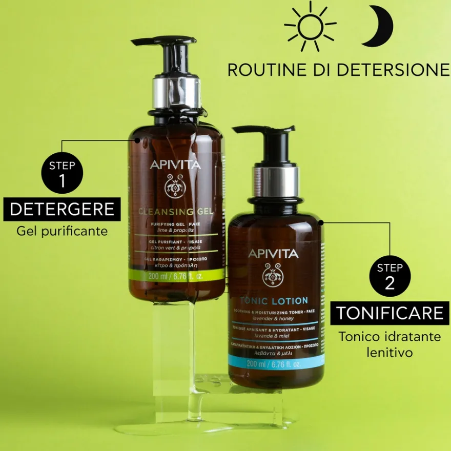 Apivita Gel Detergente Delicato Purificante Viso Con Lime E Propoli Per Pelle Grassa 200ml