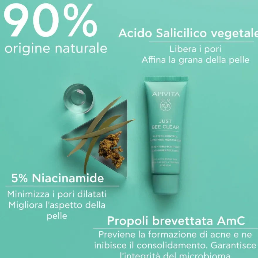 Apivita Just Bee Clear Crema Viso Idratante Opacizzante Anti-imperfezioni Pelle Grassa Acne 40ml