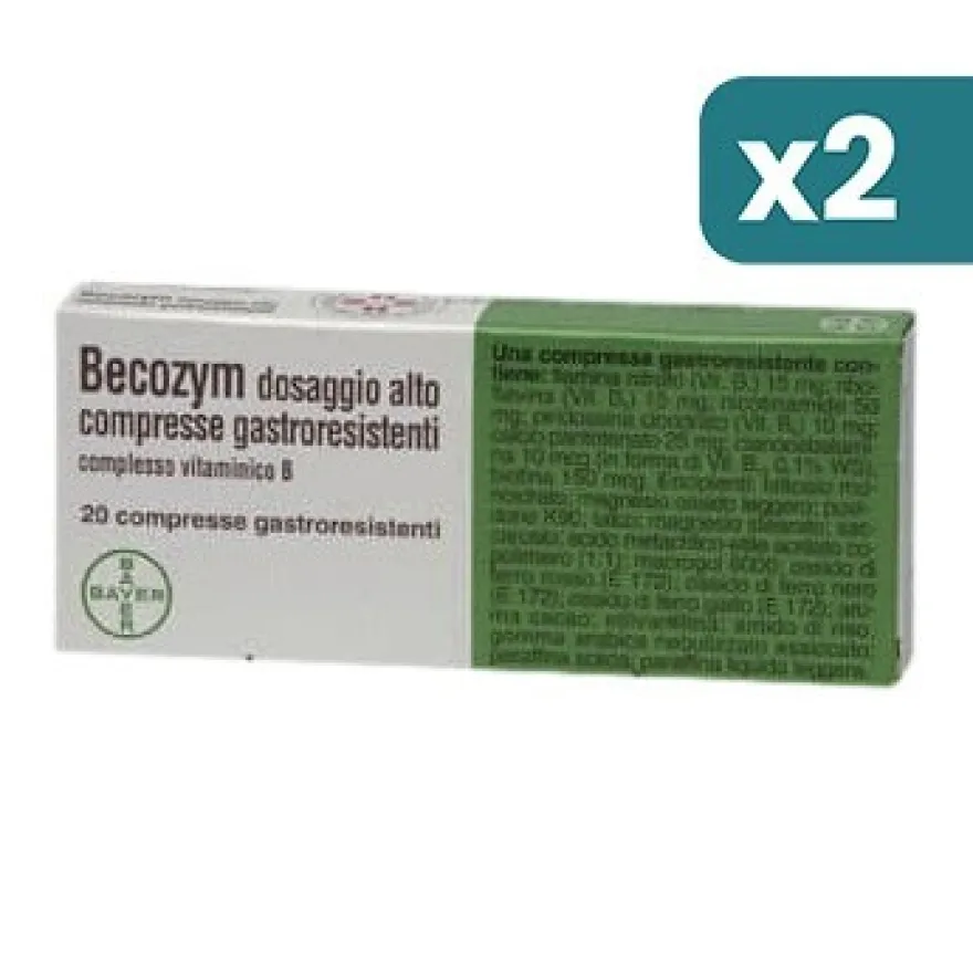 Becozym Alto Dosaggio Vitamine Gruppo B Vitamina B1 B2 B3 B6 B5 B12 E B7 2 confezioni da 20 Compresse