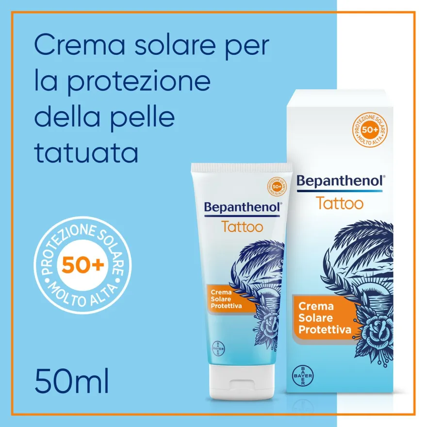Bepanthenol Tattoo Crema Con Protezione Solare Molto Alta Spf50+ Per Tatuaggio 50ml