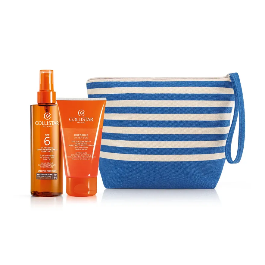 Collistar Cofanetto Olio Secco Super Abbronzante Idratante Spf6 200ml + Shampoo Doccia + Pochette