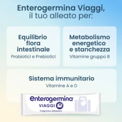 Enterogermina Viaggi Regolarit&agrave; Intestinale Probiotici Vitamina A, B12, B6, B9 E Vitamina D 12 Bustine