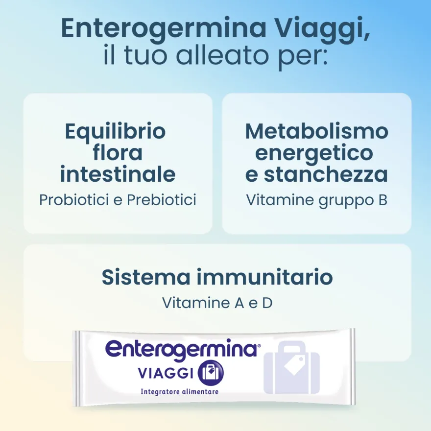 Enterogermina Viaggi Regolarità Intestinale Probiotici Vitamina A, B12, B6, B9 E Vitamina D 12 Bustine