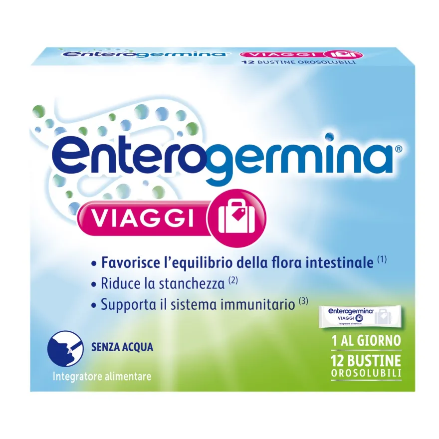 Enterogermina Viaggi Regolarità Intestinale Probiotici Vitamina A, B12, B6, B9 E Vitamina D 12 Bustine