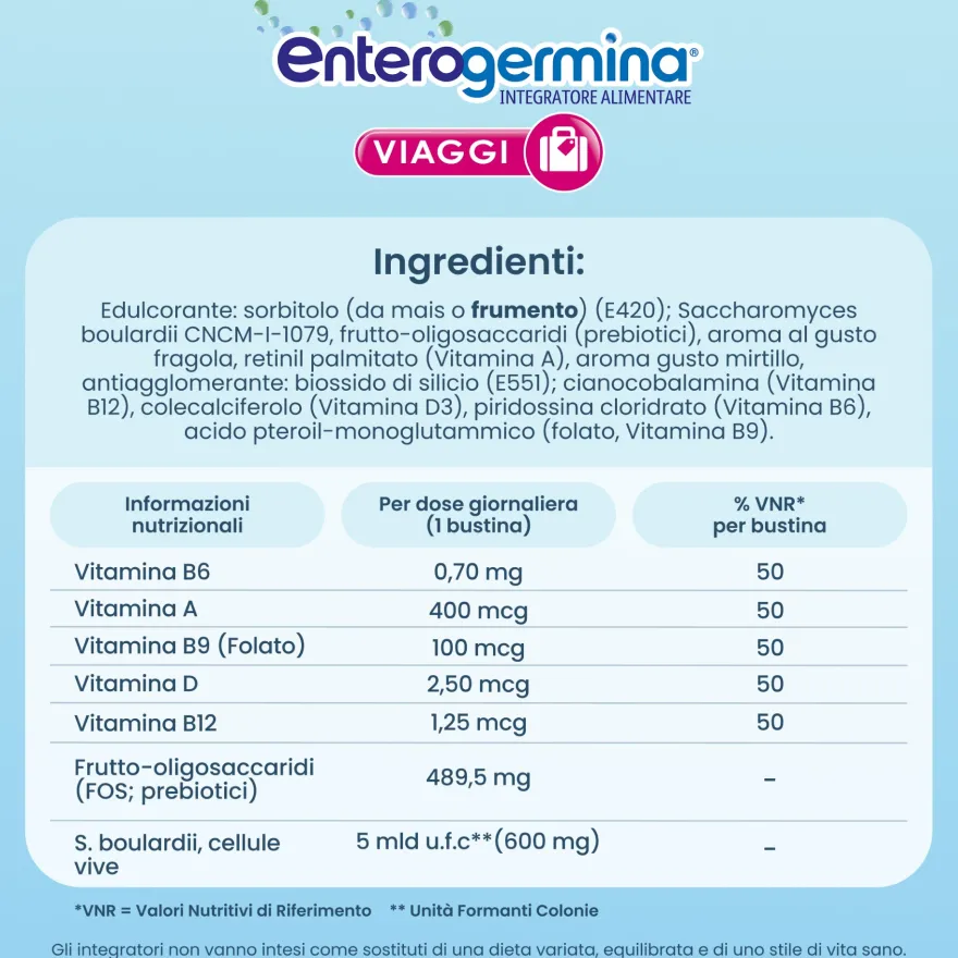 Enterogermina Viaggi Regolarità Intestinale Probiotici Vitamina A, B12, B6, B9 E Vitamina D 12 Bustine