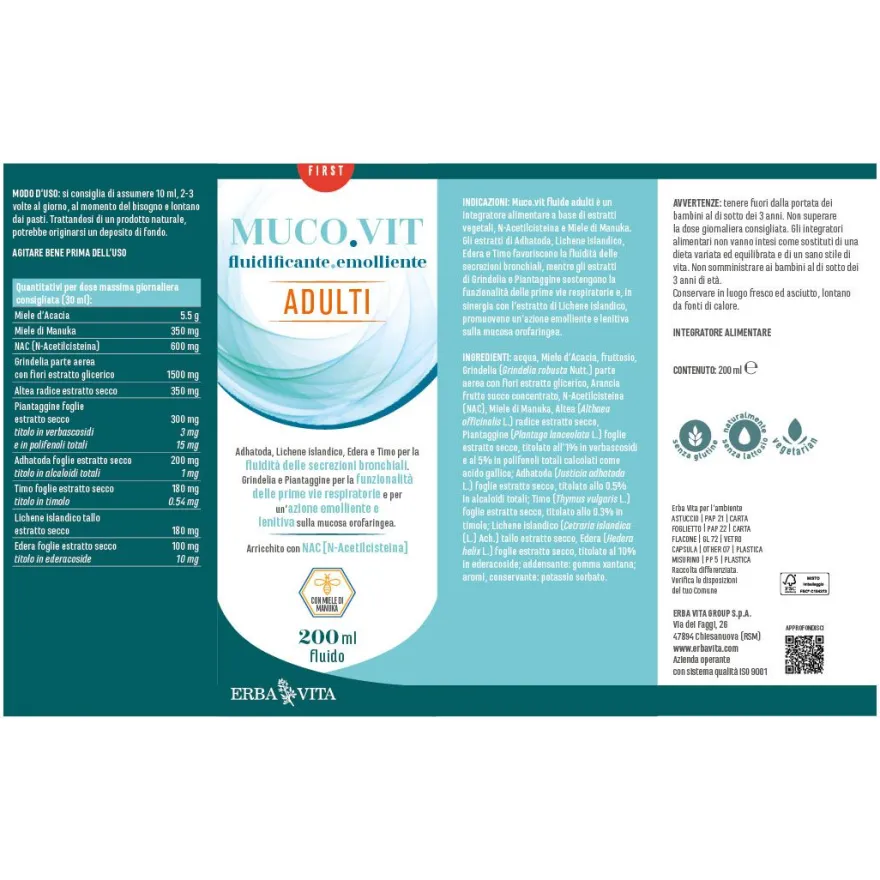 Erba Vita Mucovit Fluido Adulti Integratore Vie Respiratorie 200ml