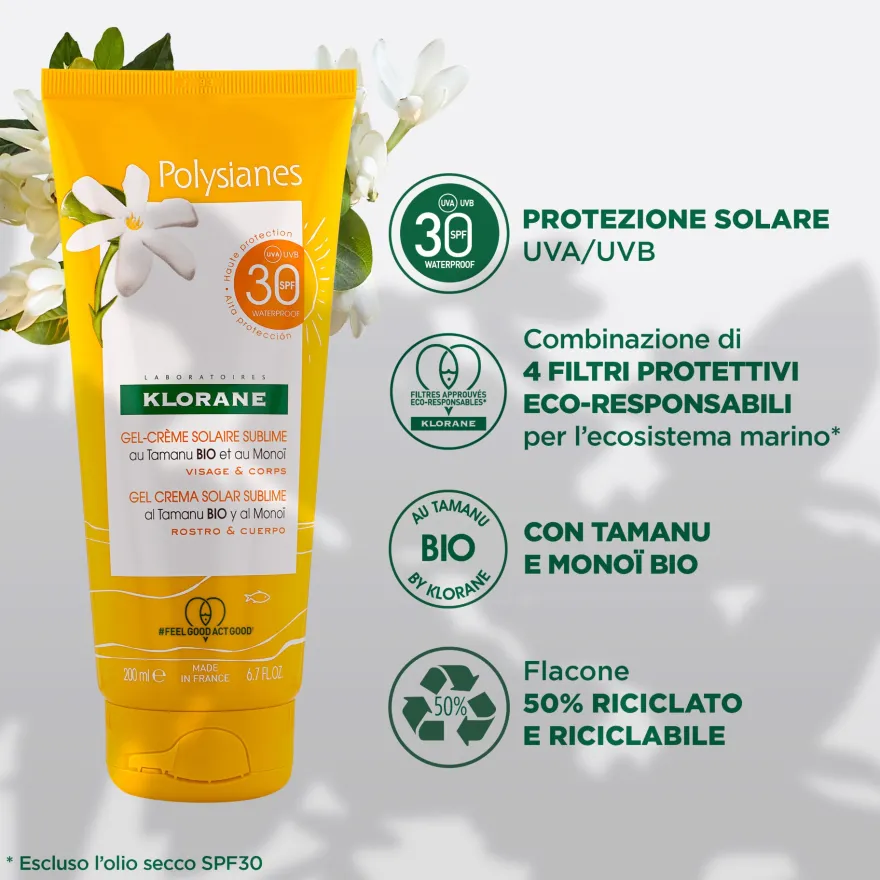 Klorane Gel-crema Solare Sublime Spf 30 Con Tamanu Bio E Monoï Protezione Solare Alta 200ml