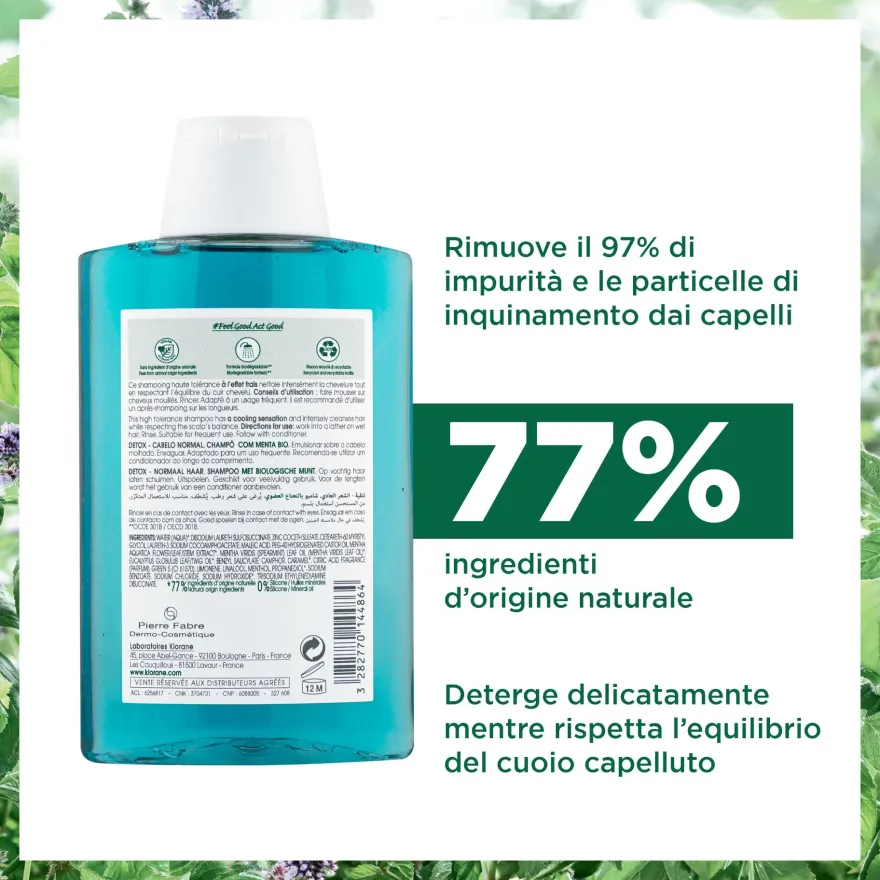 Klorane Shampoo Alla Menta Acquatica Bio Detox, Capelli Purificati 200ml