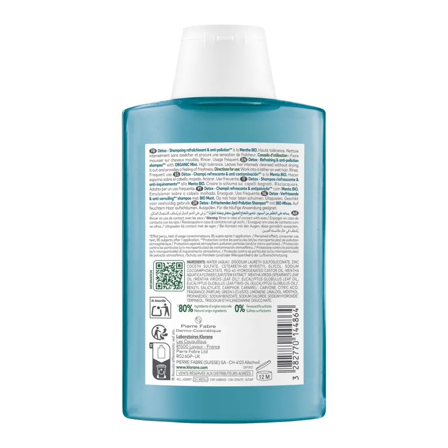 Klorane Shampoo Alla Menta Acquatica Bio Detox, Capelli Purificati 200ml