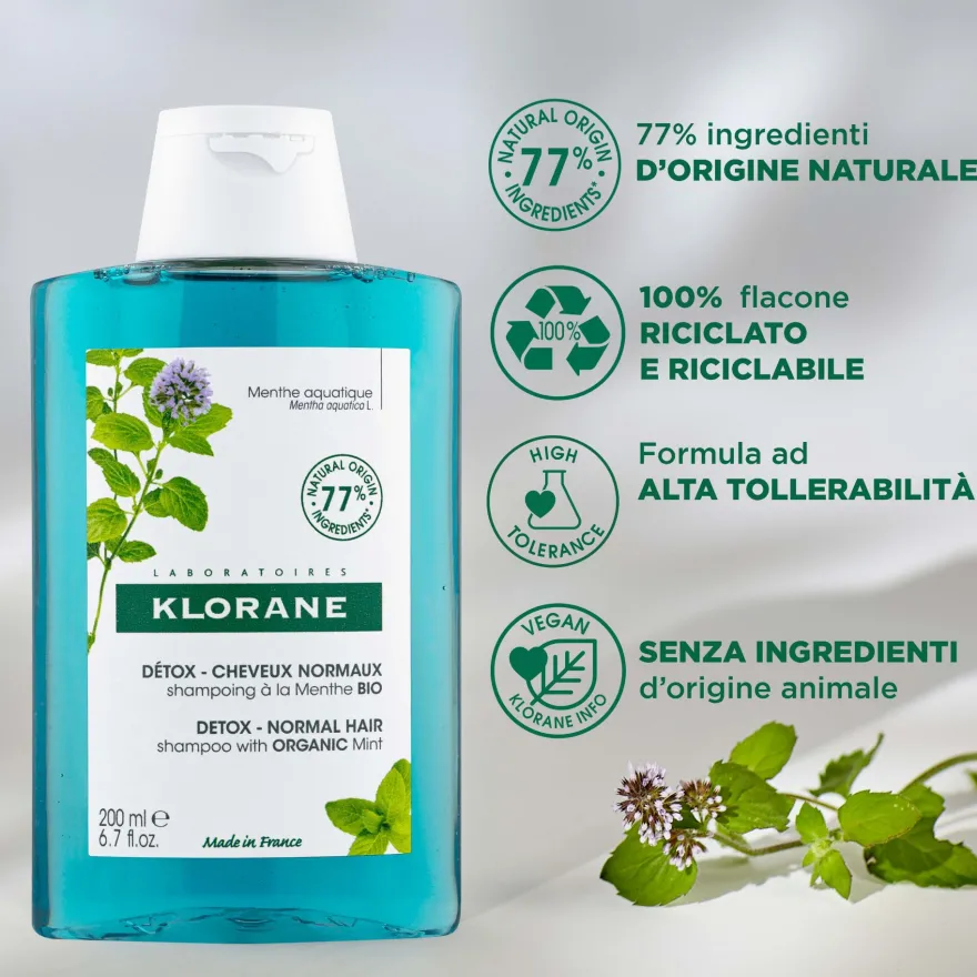 Klorane Shampoo Alla Menta Acquatica Bio Detox, Capelli Purificati 200ml