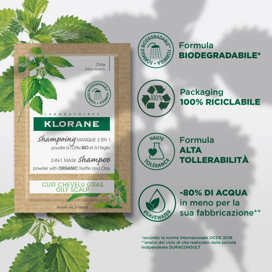 Klorane Shampoo Maschera 2 In 1 Polvere All'ortica Bio E All'argilla Cuoio Capelluto Grasso, Purificante 24g