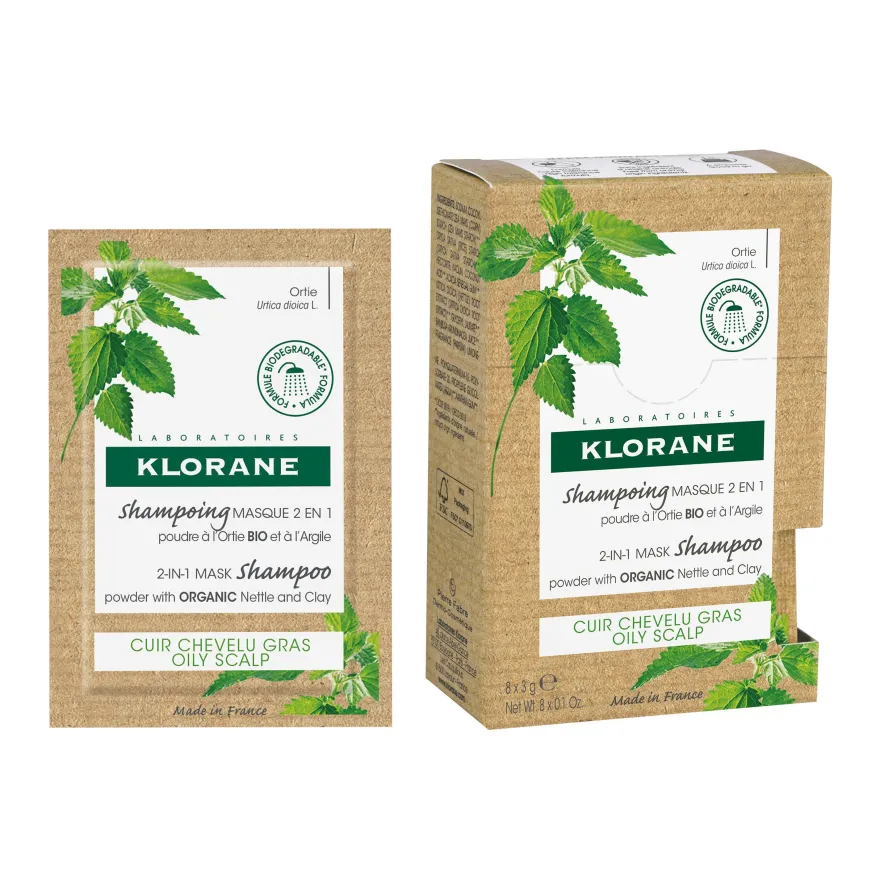 Klorane Shampoo Maschera 2 In 1 Polvere All'ortica Bio E All'argilla Cuoio Capelluto Grasso, Purificante 24g