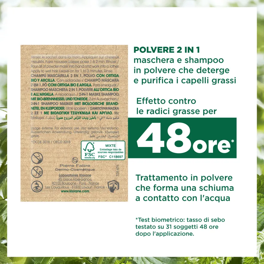 Klorane Shampoo Maschera 2 In 1 Polvere All'ortica Bio E All'argilla Cuoio Capelluto Grasso, Purificante 24g