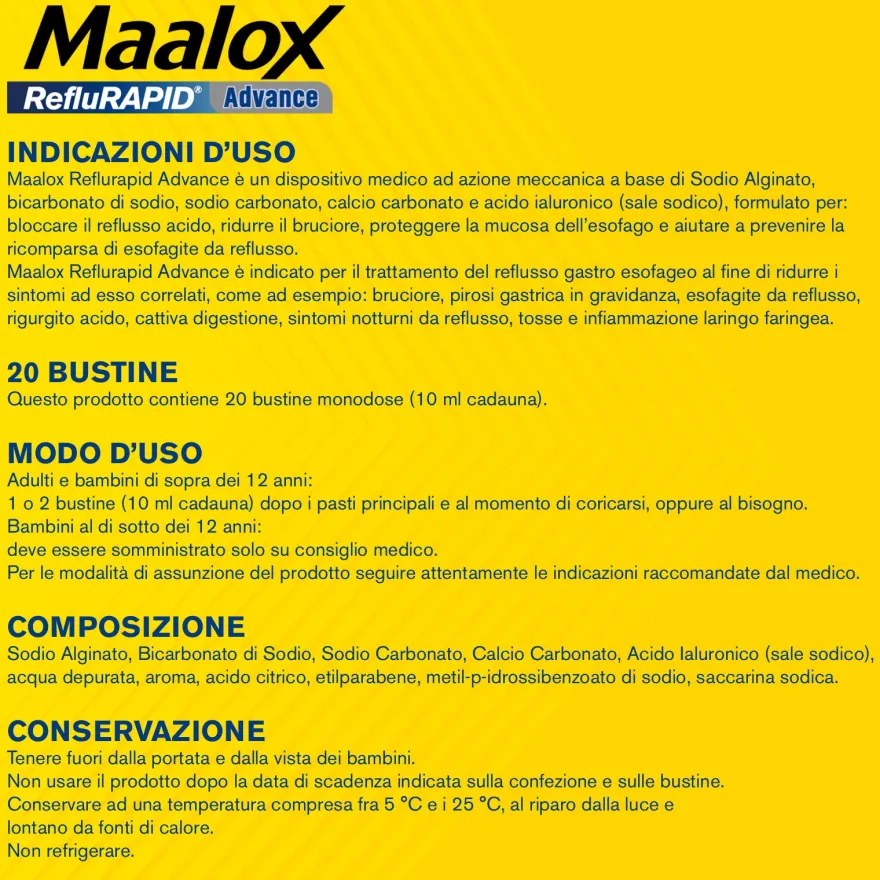 Maalox Reflurapid Advance Antiacido Reflusso Gastroesofageo E Bruciore Di Stomaco 20 Bustine
