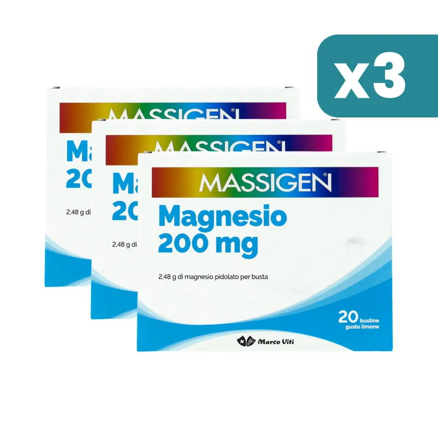 Massigen Magnesio 200mg Integratore 3 confezioni da 20 Bustine