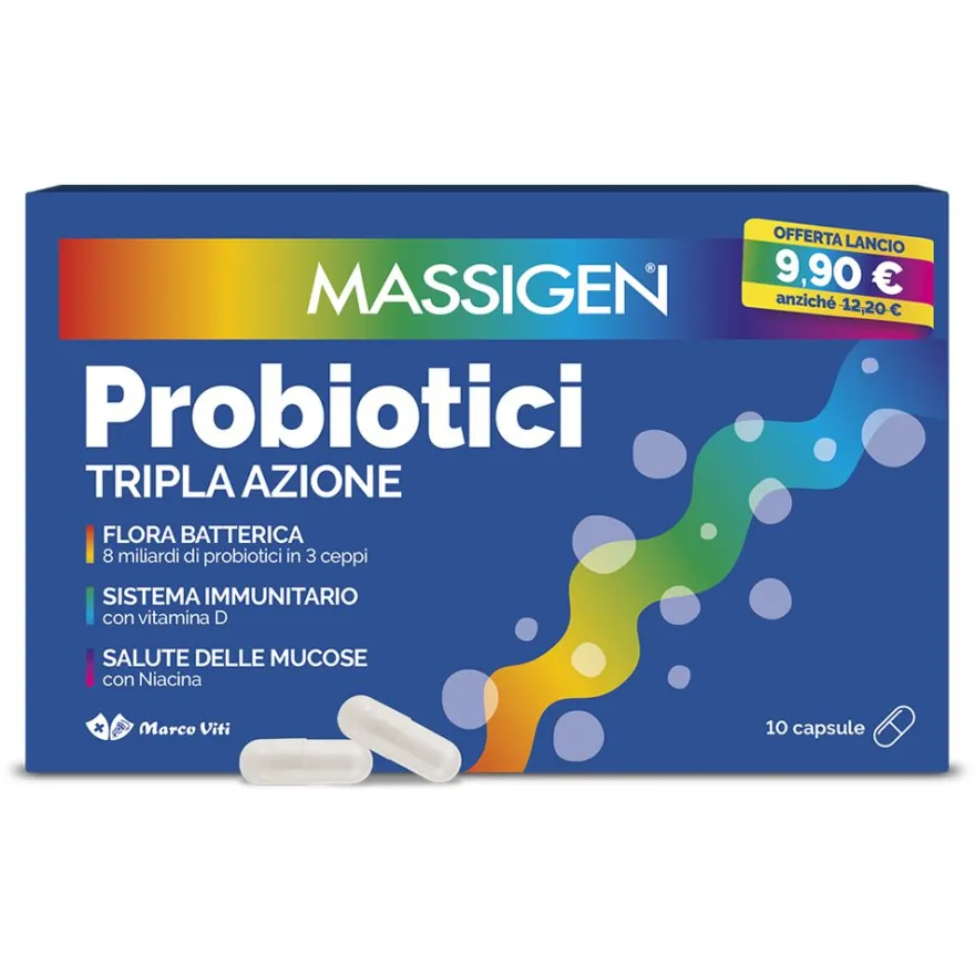 Massigen Probiotici Tripla Azione Integratore Fermenti Lattici 10 Capsule