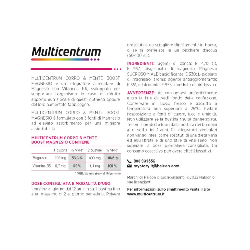 Multicentrum Boost Magnesio Integratore Alimentare Vitamina B6 Magnesio Pidolato Stanchezza 30 Bustine