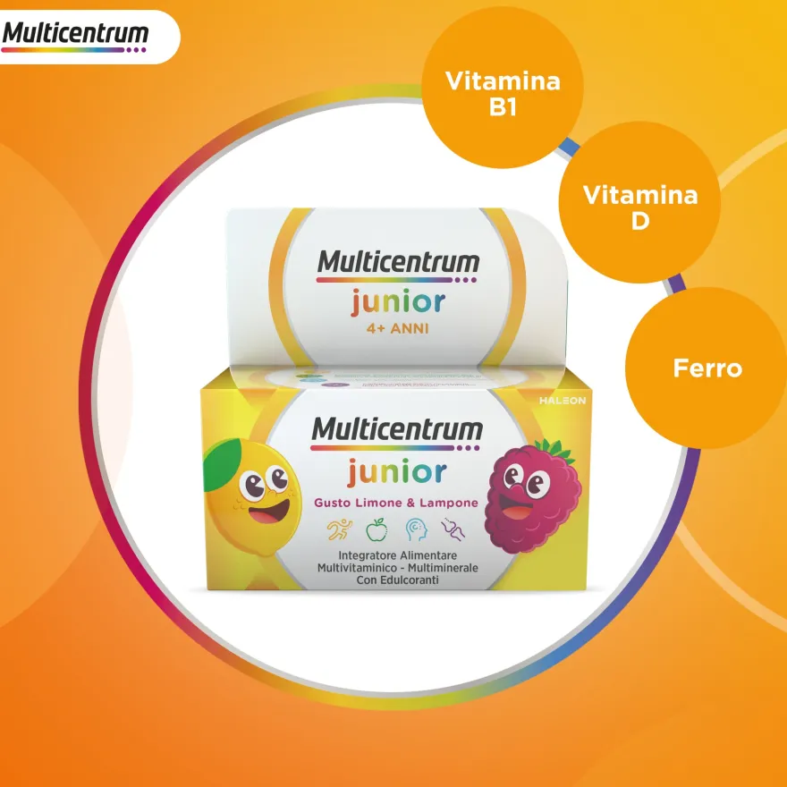 Multicentrum Junior Integratore Alimentare Vitamine Bambini 4+ Vitamina D3 Vitamina C Ferro 2 confezioni da 30 Compresse