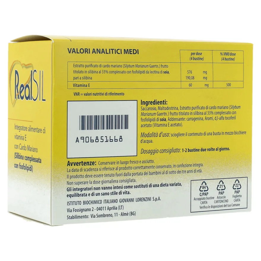 Realsil 30 Bustine Integratore Antiossidante Disitossicante Del Fegato Con Vitamina E E Cardo Mariano