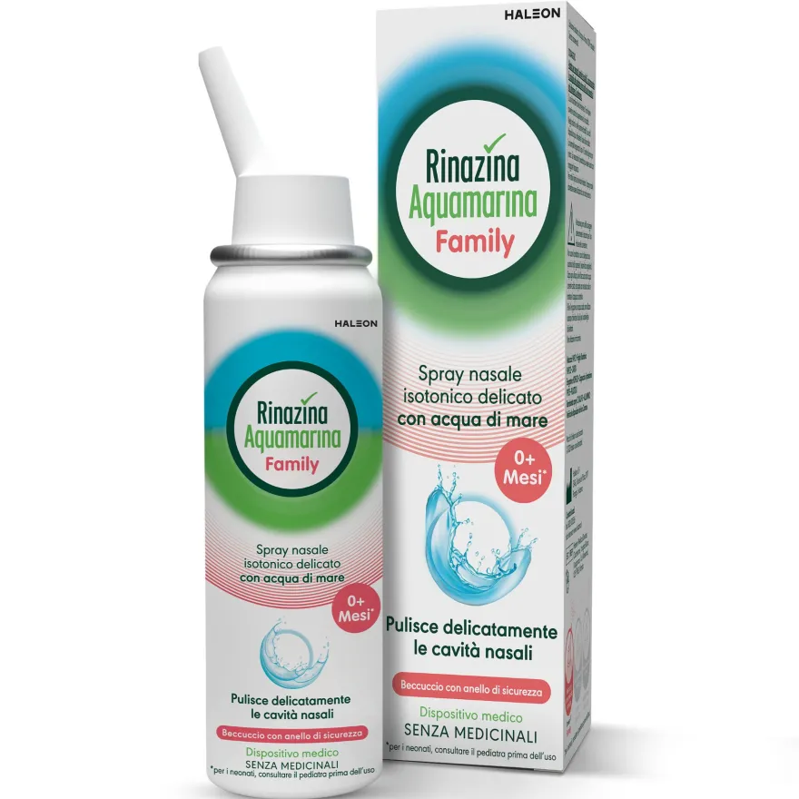 Rinazina Aquamarina Family Spray Nasale Isotonico Acqua Di Mare Lavaggi Nasali Neonati Adulti 100ml