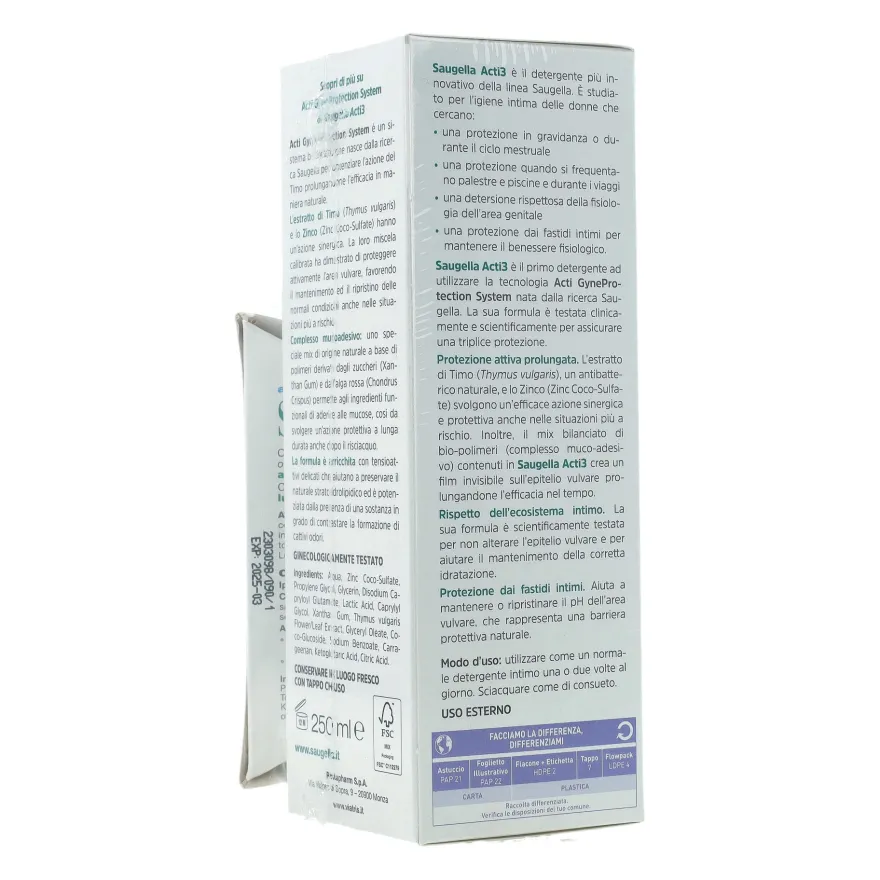 Saugella Acti3 250ml + Assorbenti Interni Omaggio 3 Pezzi