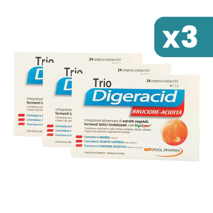 Trio Digeracid Integratore Digestione 3 confezioni da 24 Compresse