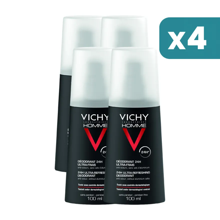 Vichy Homme Deodorante 24h Spray Ultra-fresco Testato Dermatologicamente 4 confezioni da 100ml